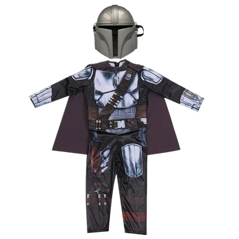 Kids Mandalorian Halloween costume featuring a printed jumpsuit and helmet for adventurous dress-up