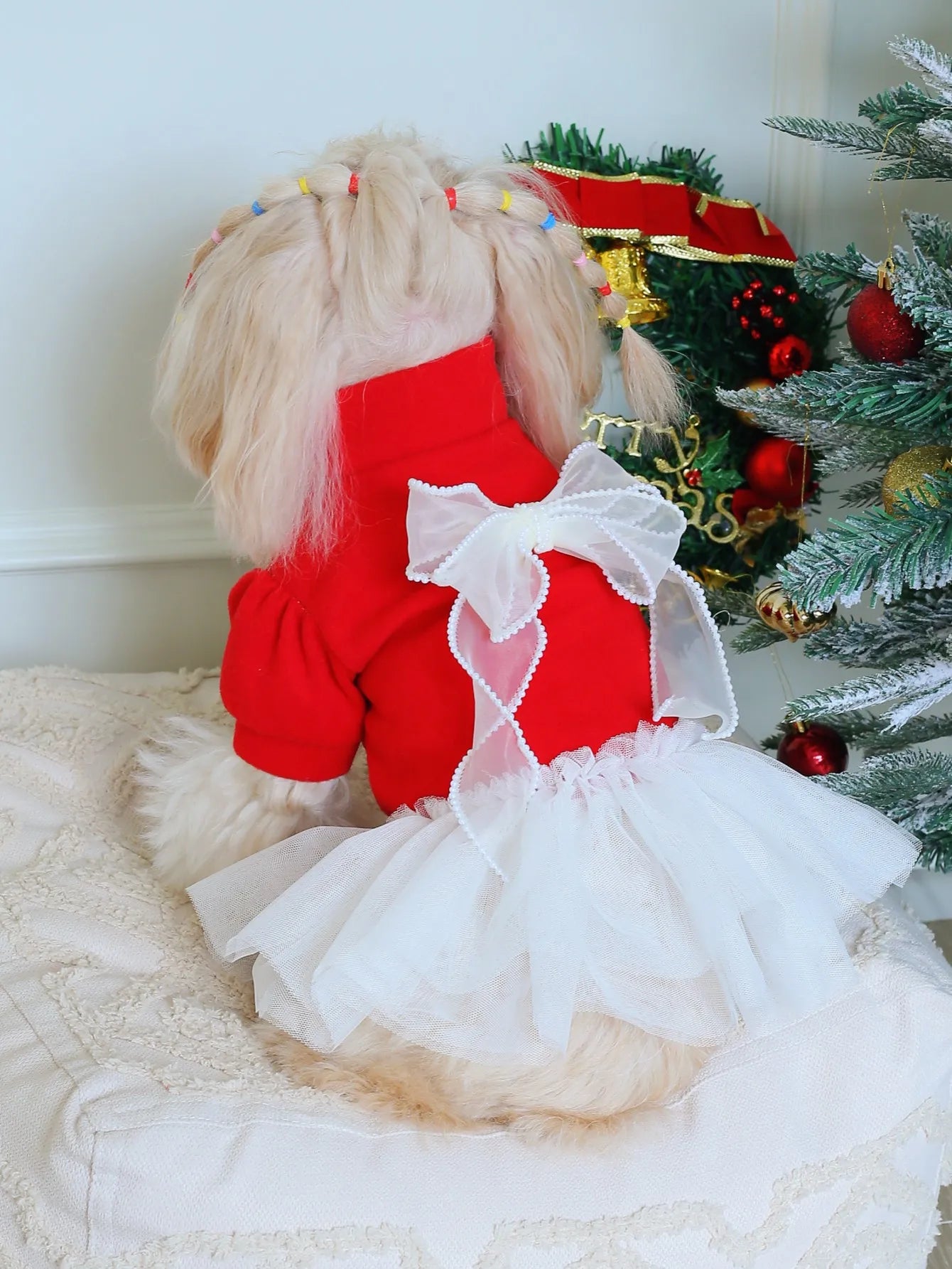 Cute red tweed dog dress with lace details, perfect for festive occasions and special events