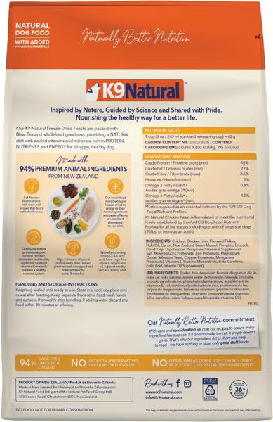K9 Natural New Zealand Chicken Feast Grain-Free Freeze-Dried Dog Food, 4-lb bag