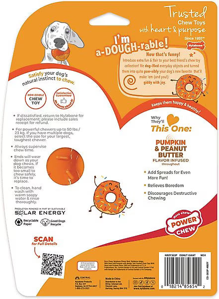 Nylabone Power Chew Donut 70th Birthday Dog Toy, Orange Pumpkin & Peanut Butter, Large