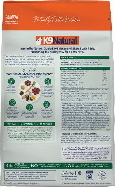 K9 Natural New Zealand Lamb Feast Grain-Free Freeze-Dried Dog Food, 8-lb bag