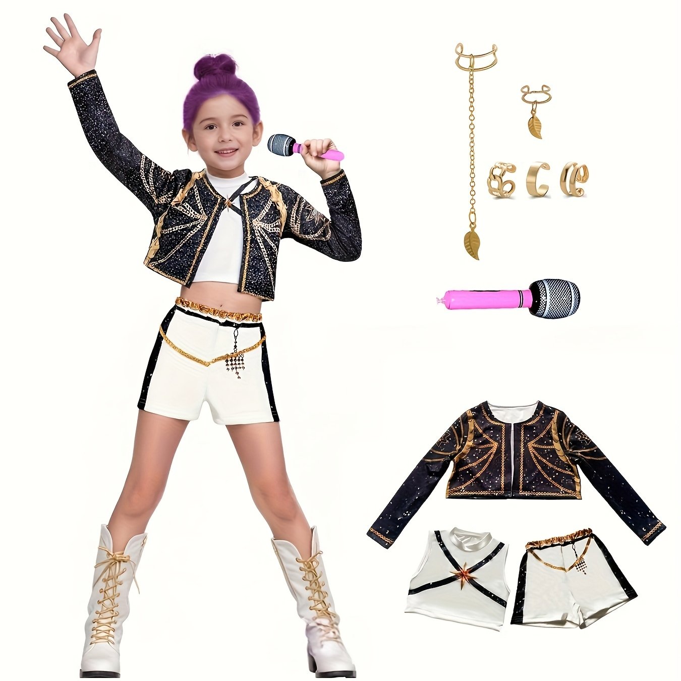 Girls glittery pop star Halloween costume for girls with microphone and accessories for fun performances