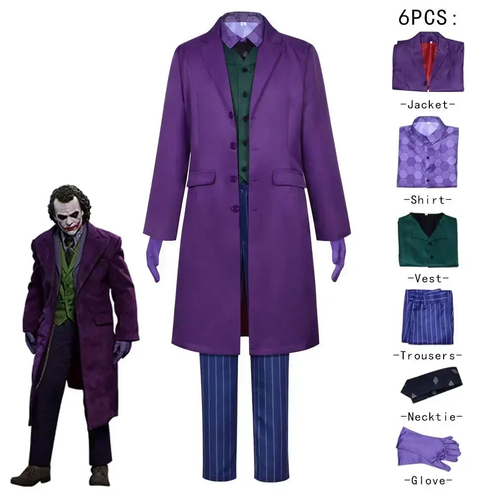2025 Heath Ledger purple jacket suit including jacket, shirt, vest, trousers, and gloves for a complete look