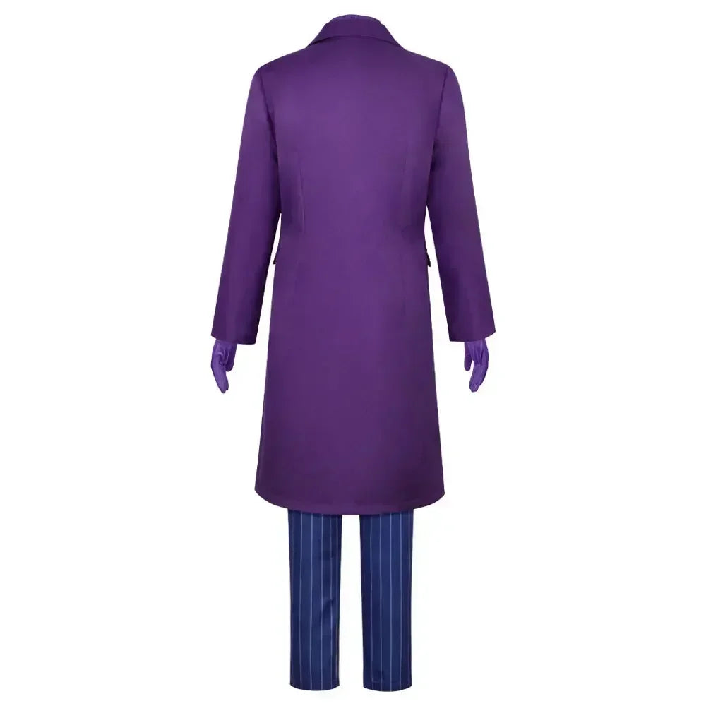 Back view of the 2025 Heath Ledger purple jacket suit featuring a long coat and striped pants