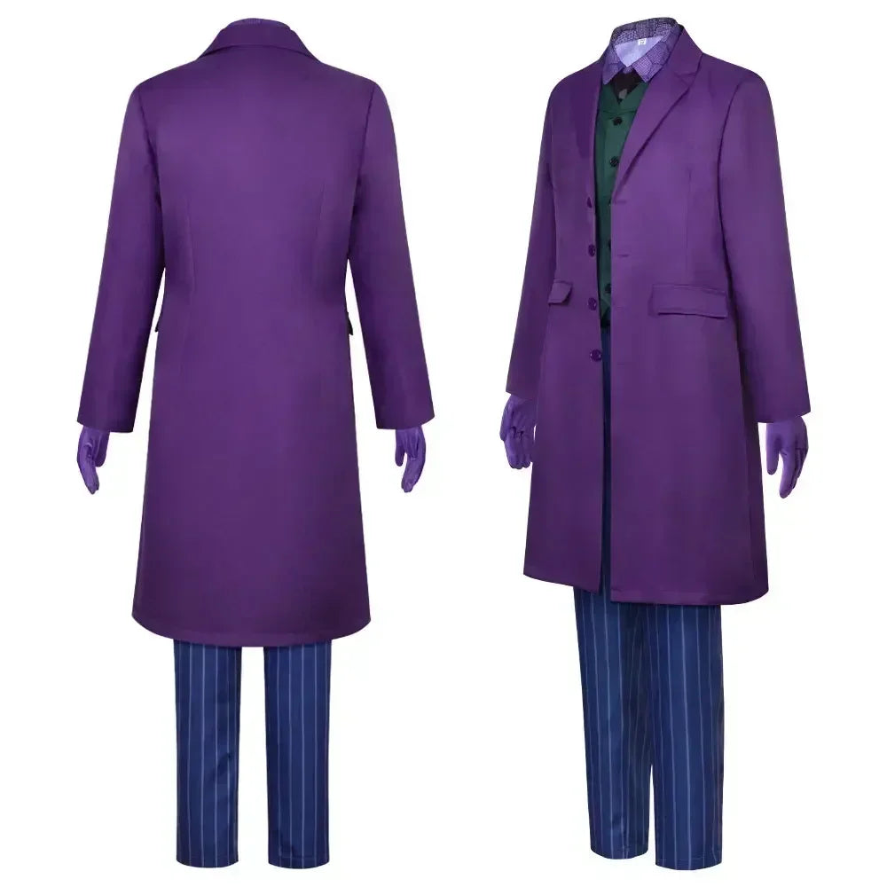 2025 Heath Ledger purple jacket suit with a long coat and pinstriped pants for stylish costumes