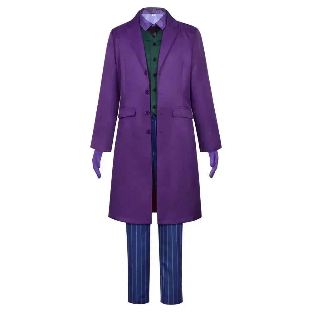 2025 Heath Ledger purple jacket suit with a long coat and striped pants for stylish outfits