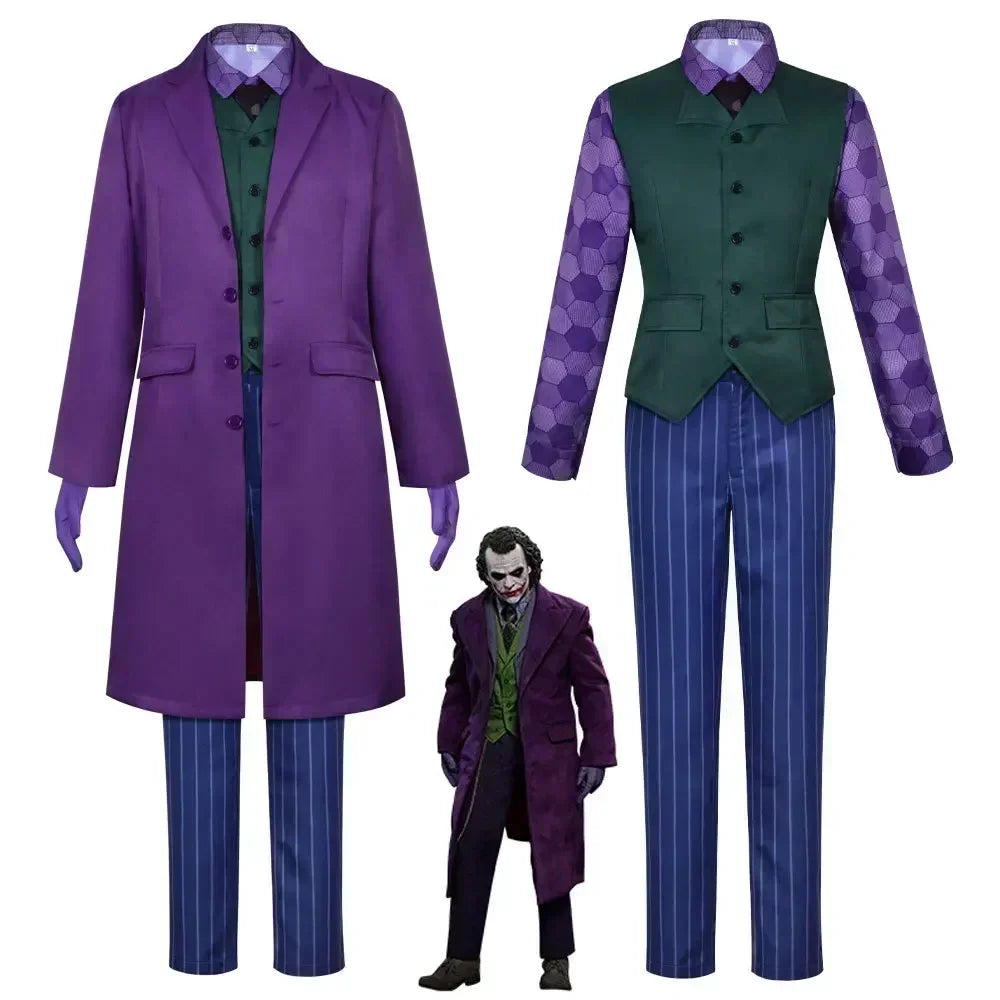 2025 Heath Ledger purple jacket suit featuring a stylish long coat and colorful vest for a unique look