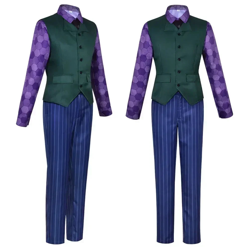 2025 Heath Ledger purple jacket suit featuring a green vest and striped pants for a stylish costume.