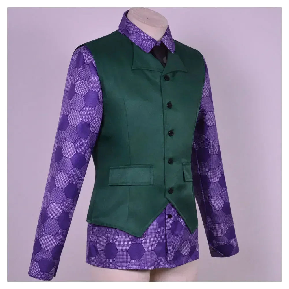 2025 Heath Ledger purple jacket suit featuring a green vest and hexagon patterned shirt for a stylish look