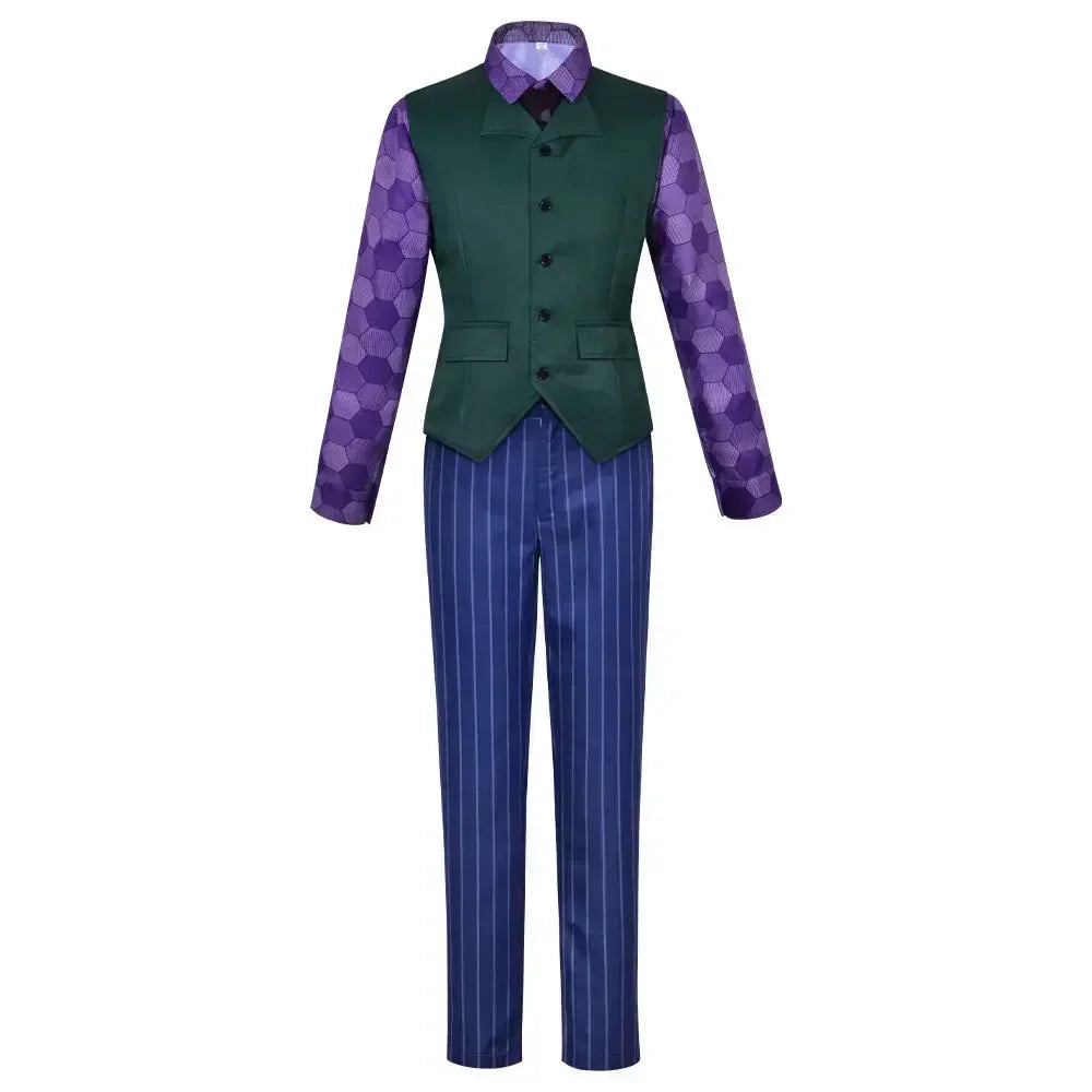 Stylish 2025 Heath Ledger purple jacket suit featuring green vest and striped pants