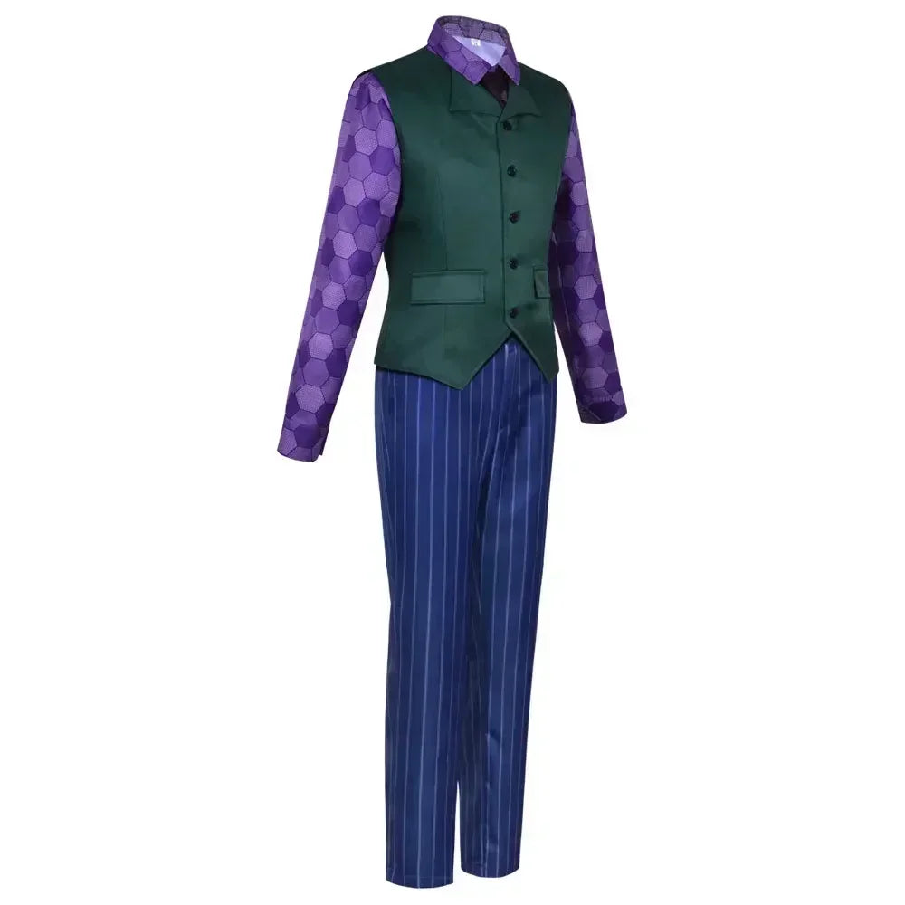 2025 Heath Ledger purple jacket suit featuring a stylish purple shirt and striped pants for a bold look