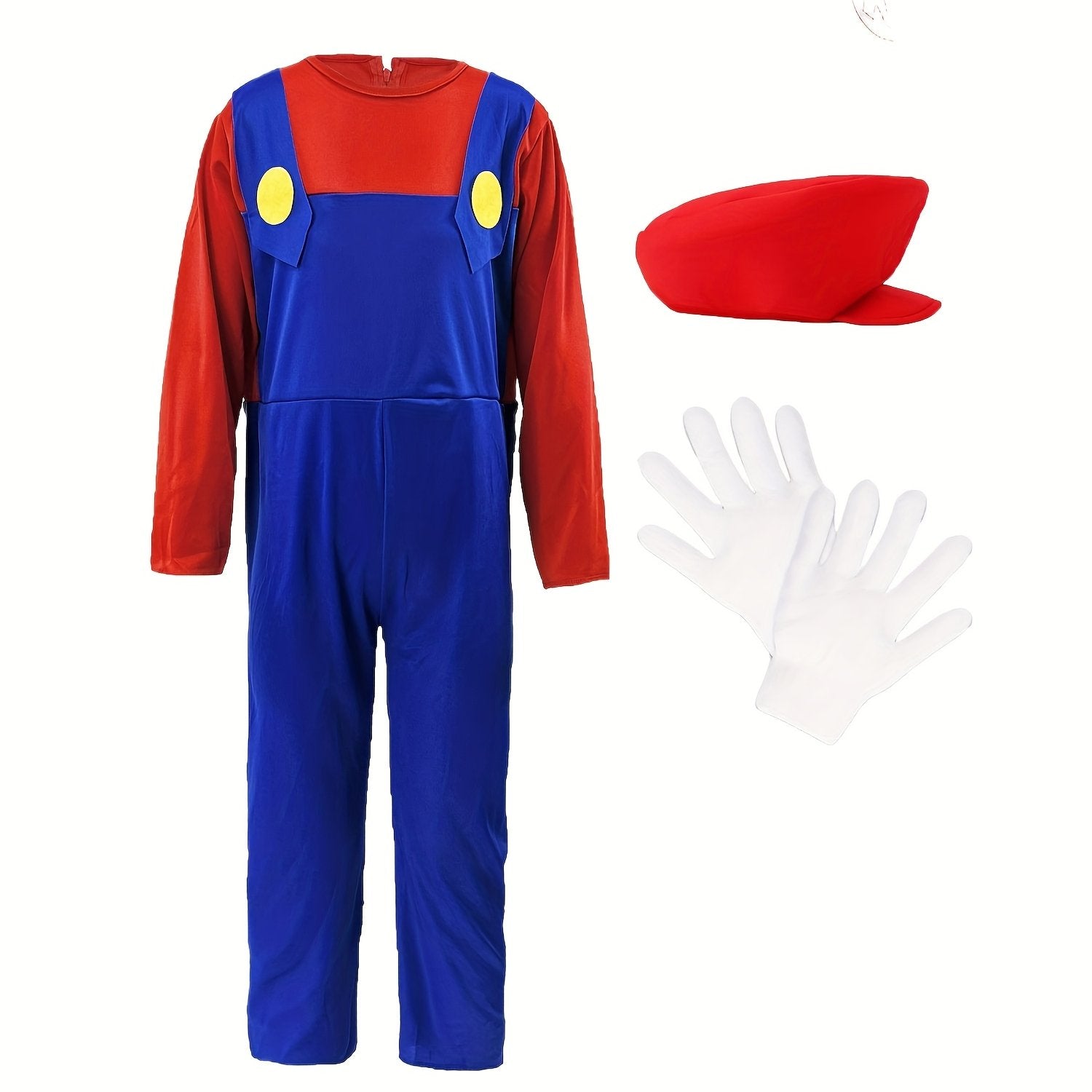 Kids Halloween jumpsuit in blue and red with matching hat and white gloves for festive fun