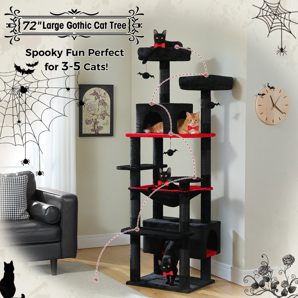 72 inch large cat tree for indoor cats featuring a gothic design and space for 3 to 5 cats