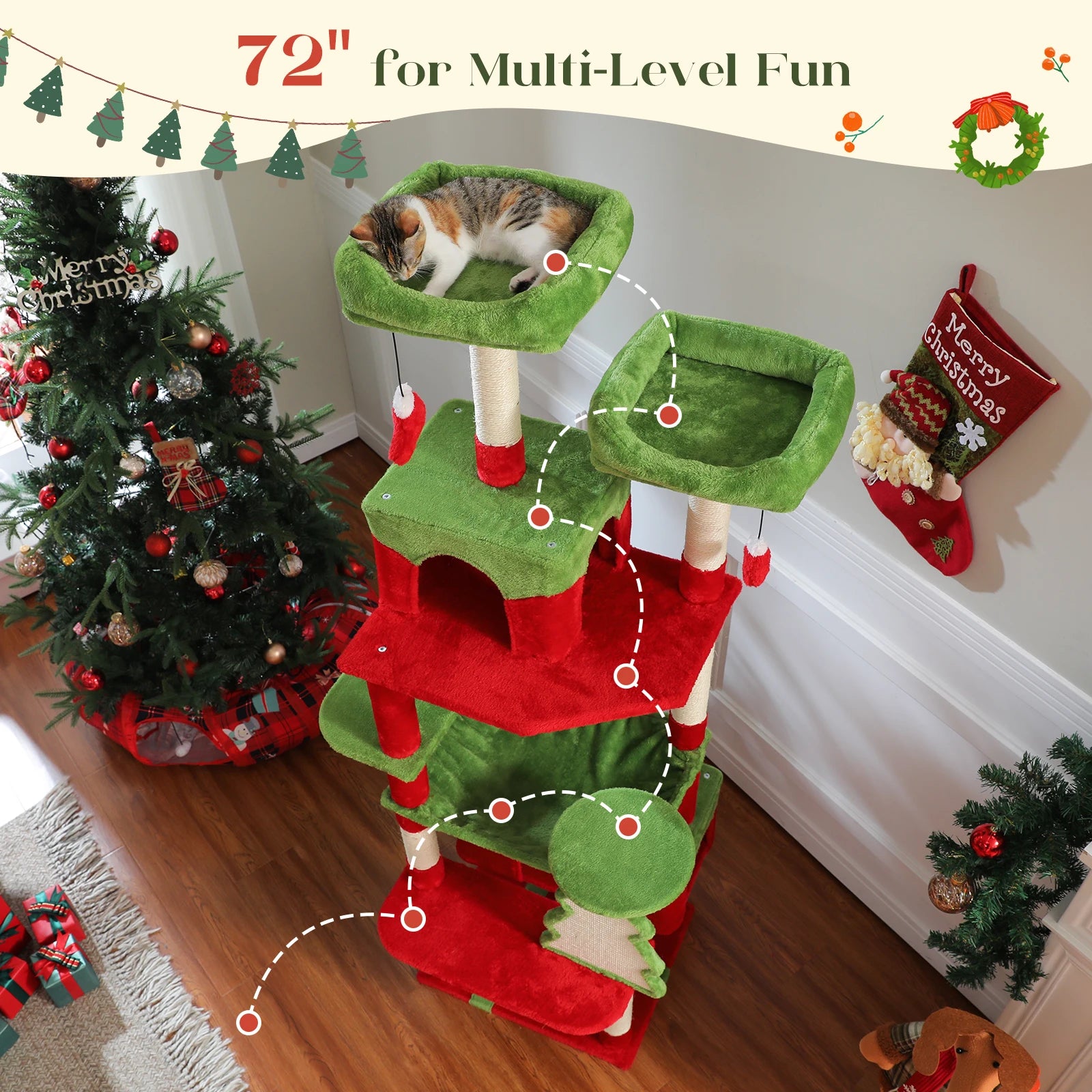 Large cat tree for indoor cats, 72 inches tall, featuring multiple levels and cozy spots for play and rest