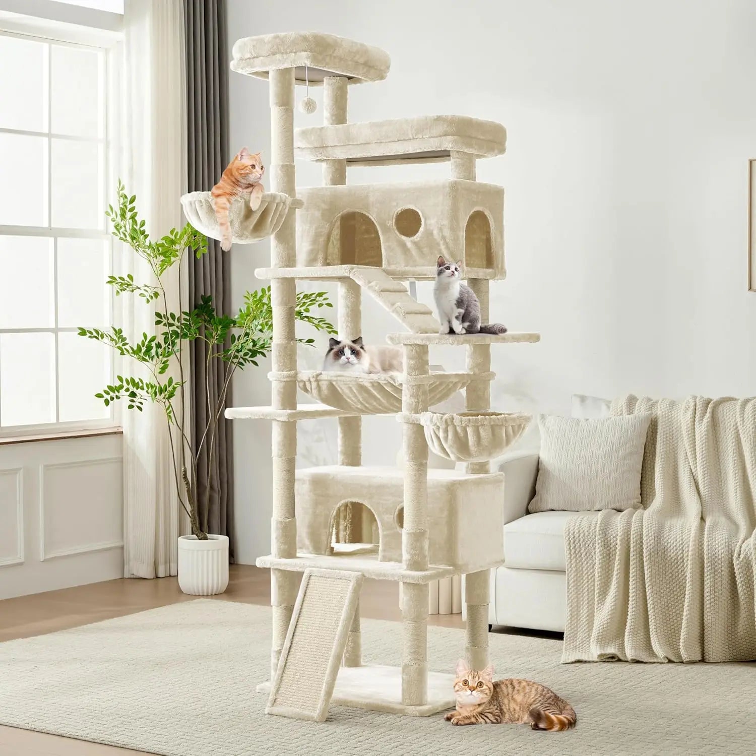 Beige 80 inch tall cat tree with multiple levels and cozy spots for playful cats to enjoy
