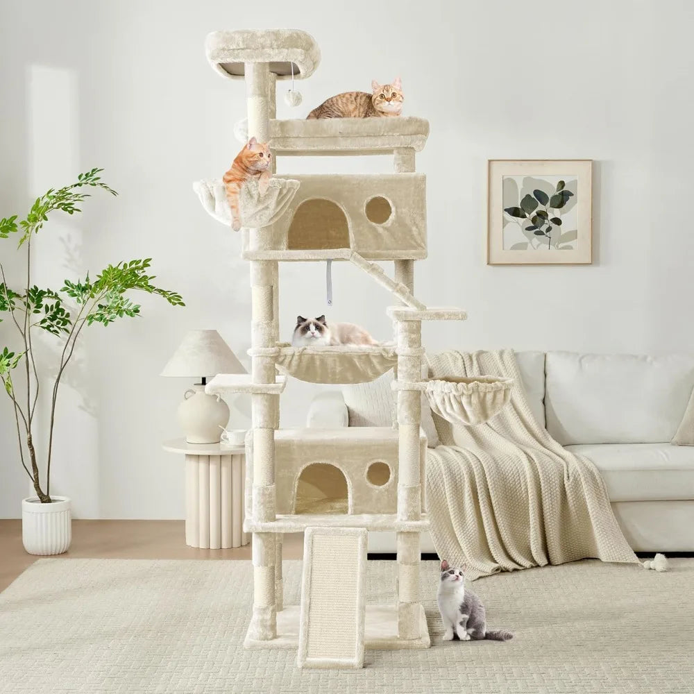 Stylish 80 inch tall cat tree with multiple levels and cozy spots for multiple cats to play and rest