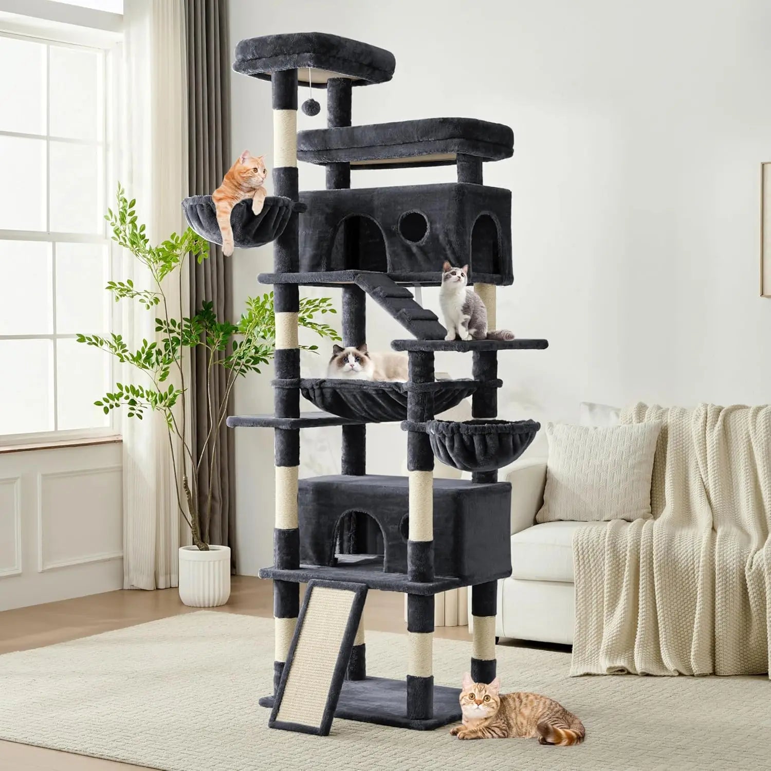 80 inch tall cat tree with multiple levels and hiding spots for playful cats in a cozy living room