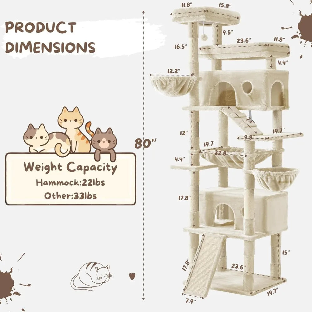 80 inch tall cat tree with multiple levels, hammocks, and scratching posts for playful cats