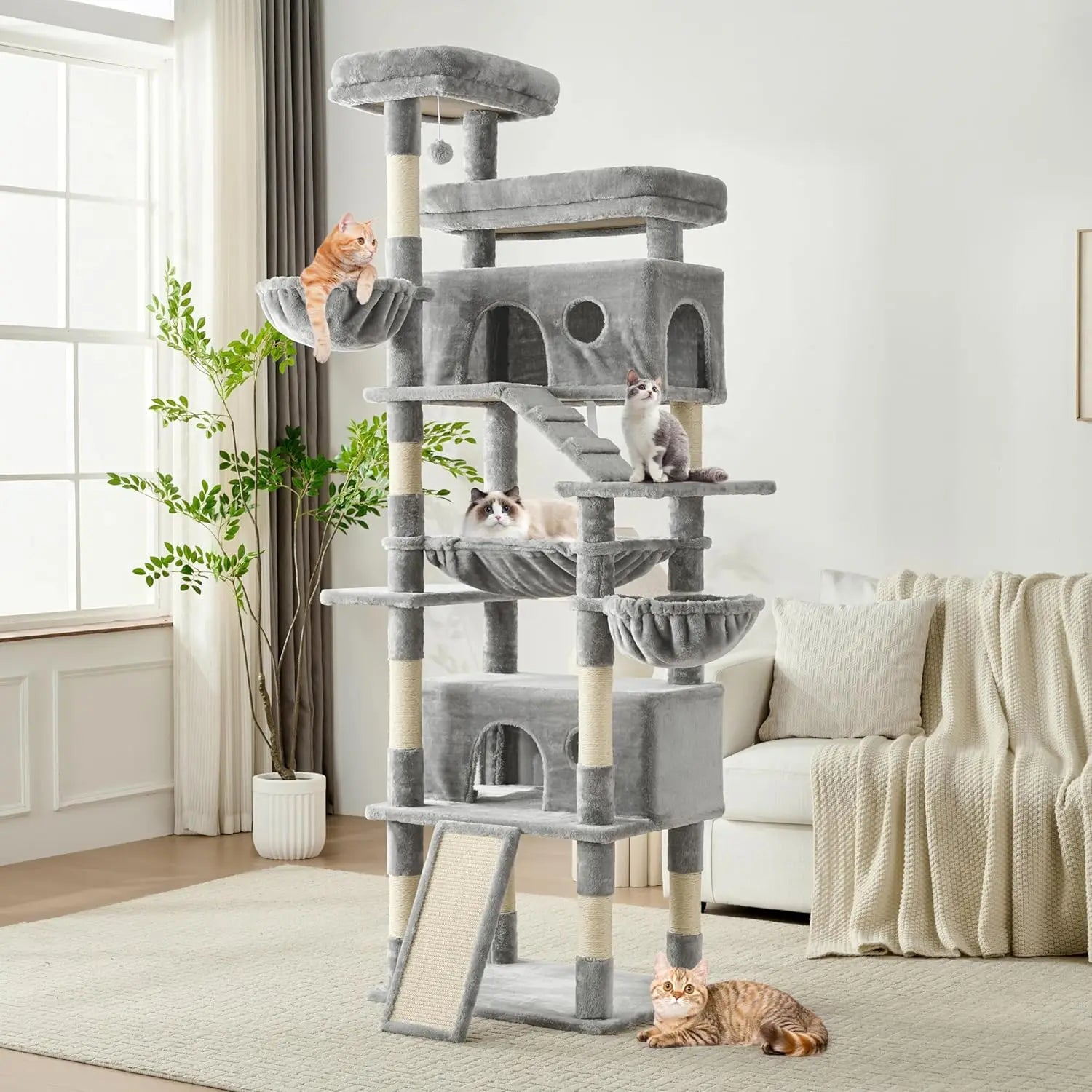 80 inch tall cat tree with multiple levels and cozy hammocks for playful and lounging cats