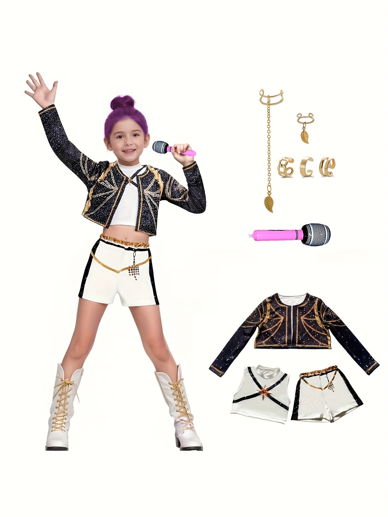 Girls pop star Halloween costume featuring sparkly jacket, shorts, microphone, and accessories