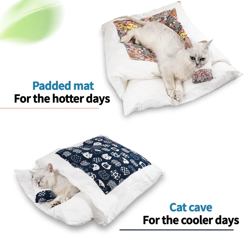 Japanese cat sleeping bag featuring a padded mat for warm days and a cozy cat cave for cooler days