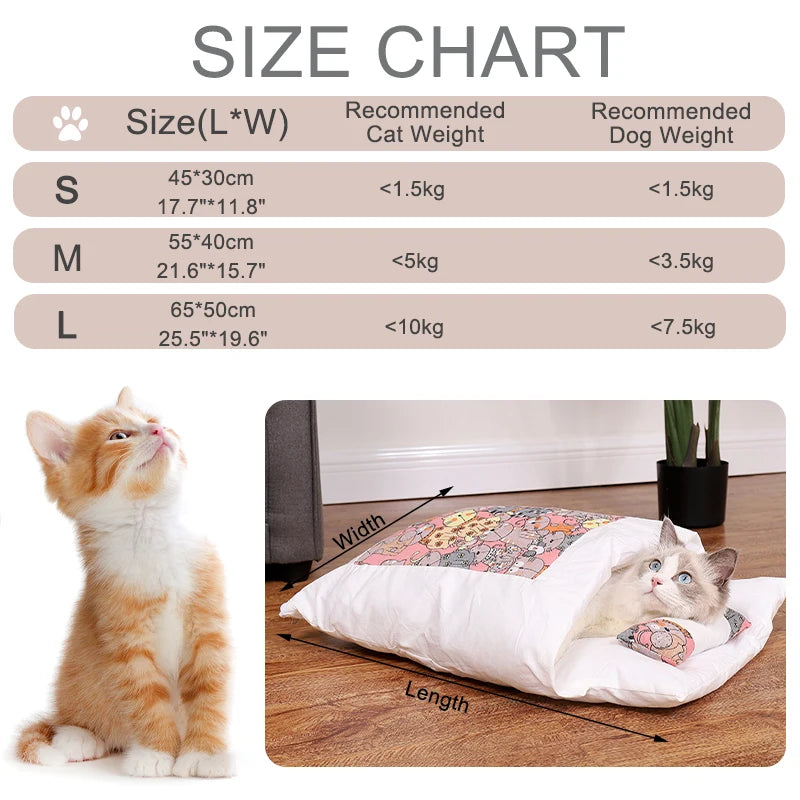 Size chart for Japanese cat sleeping bag with dimensions for small, medium, and large options