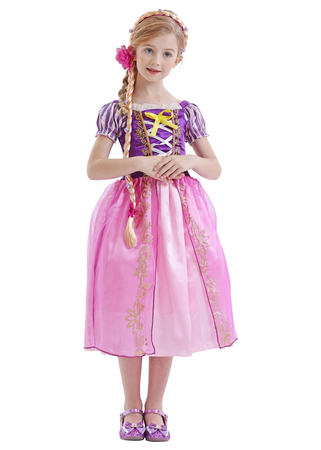 Disney Rapunzel Costume Dress for Girls featuring purple and pink details with floral accents