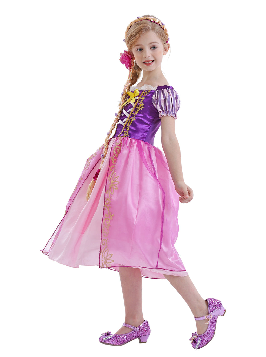 Disney Rapunzel Costume Dress in purple and pink for kids with elegant design and sparkly shoes