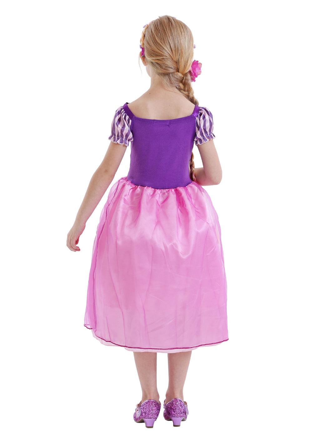Back view of a Disney Rapunzel Costume Dress for kids featuring a purple bodice and pink skirt