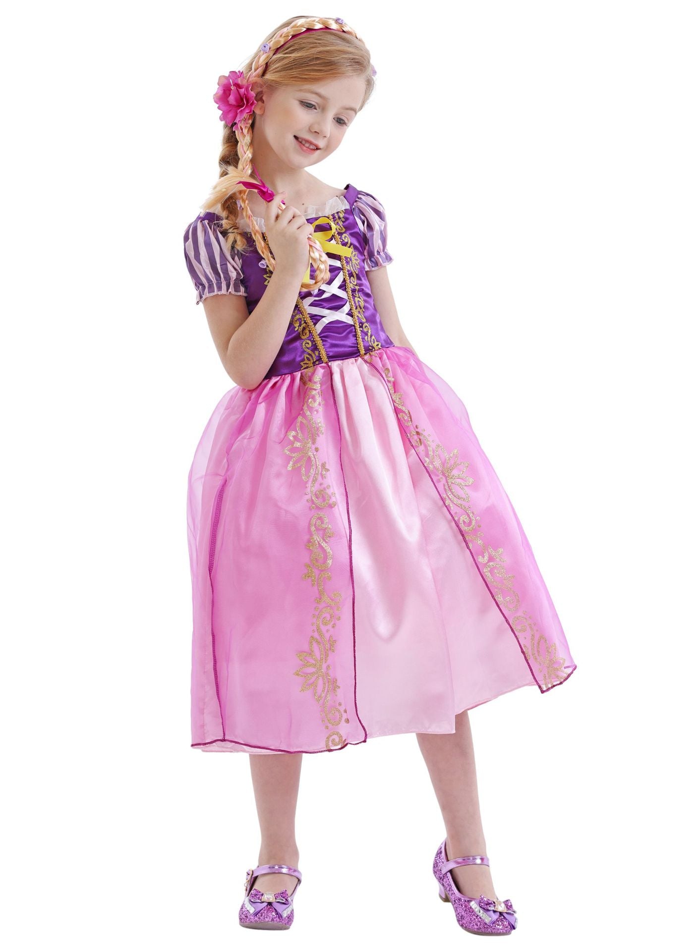 Disney Rapunzel Costume Dress for girls featuring a purple and pink design with floral accents