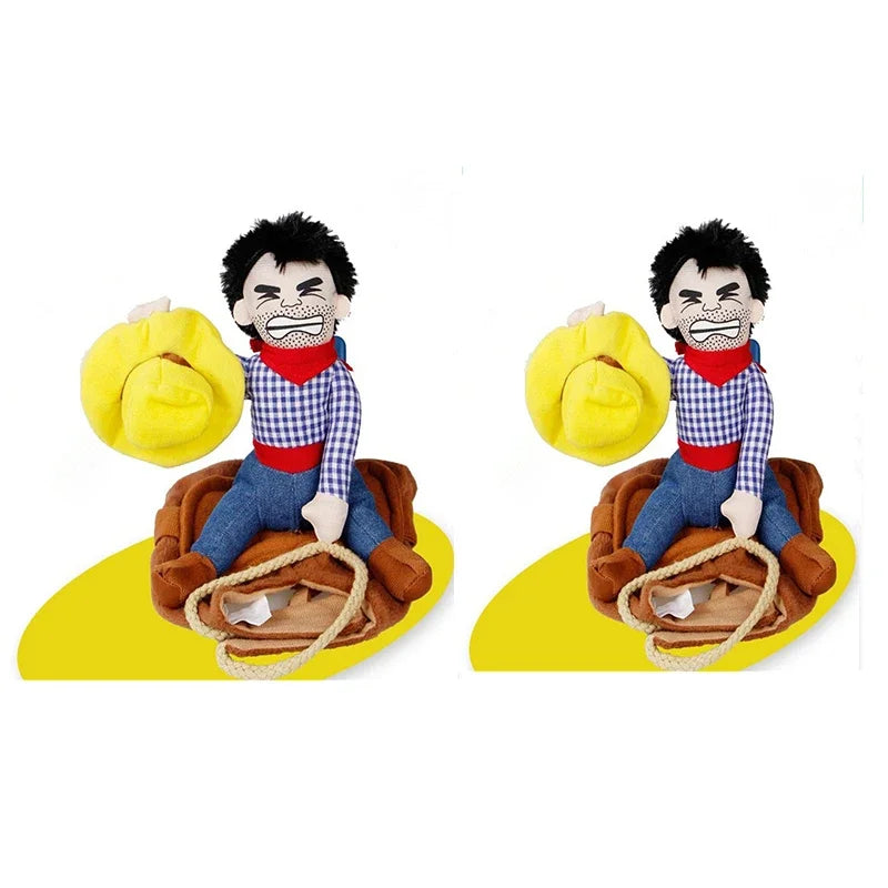 Plush cowboy dog costume for Halloween featuring a toy cowboy on a saddle with rope and hat