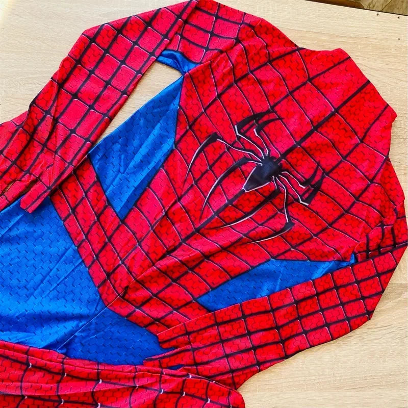 Spiderman superhero Halloween costume featuring vibrant red and blue design with iconic spider symbol