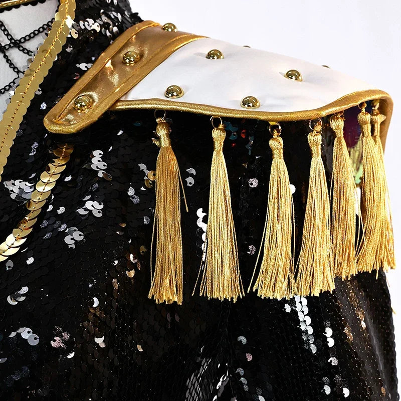 Sparkly KPop demon hunter cosplay costume for girls featuring gold tassels and detailed embellishments