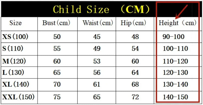 Zoomies & Co Spiderman superhero Halloween costume size chart for kids with height and measurement details