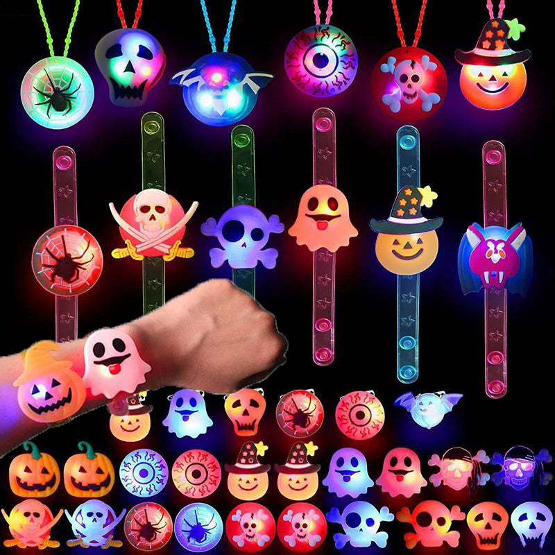 Colorful Halloween party bracelets and rings with various spooky designs and glowing effects