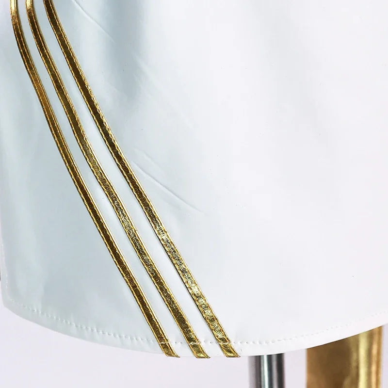 Close-up of a white KPop demon hunter cosplay costume for girls with gold stripes on the skirt