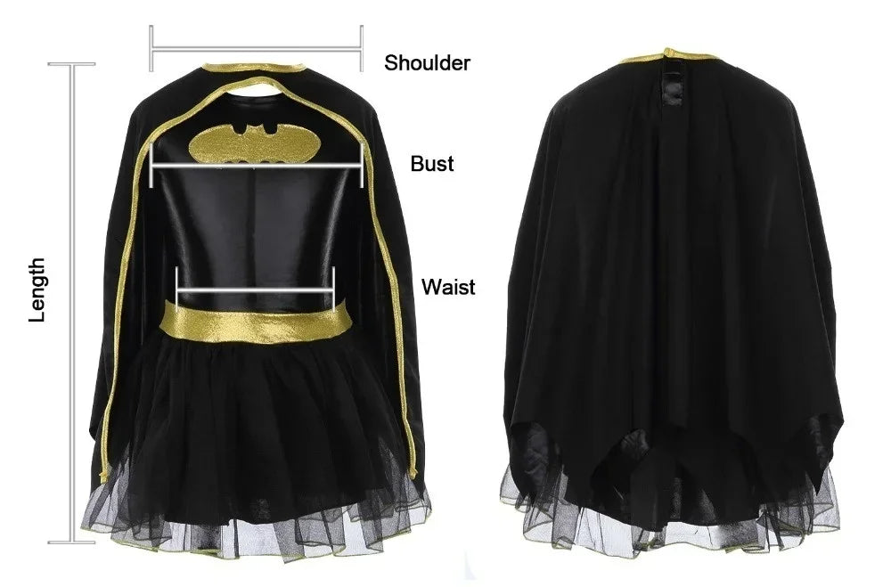 Zoomies & Co Batgirl costume for girls with a black cape and sparkly tutu skirt