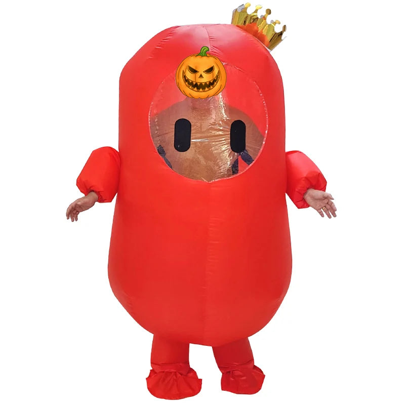 Fall Guys inflatable costume in red with pumpkin crown for fun Halloween outfits