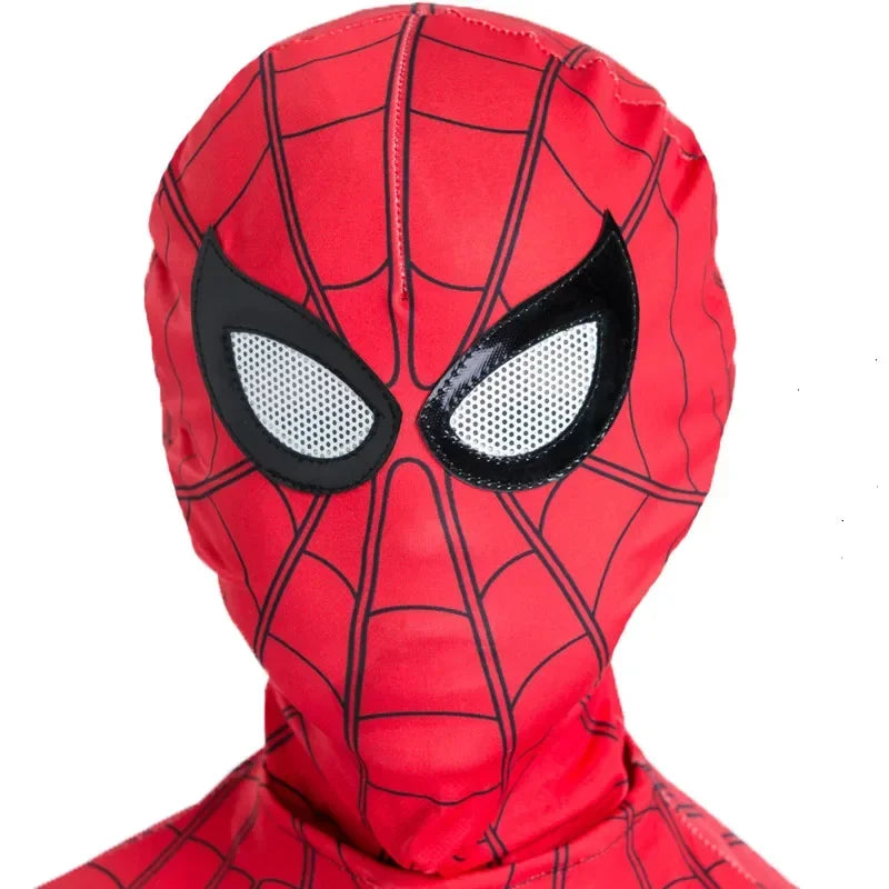 Child wearing a Spiderman superhero Halloween costume with detailed mask and web design