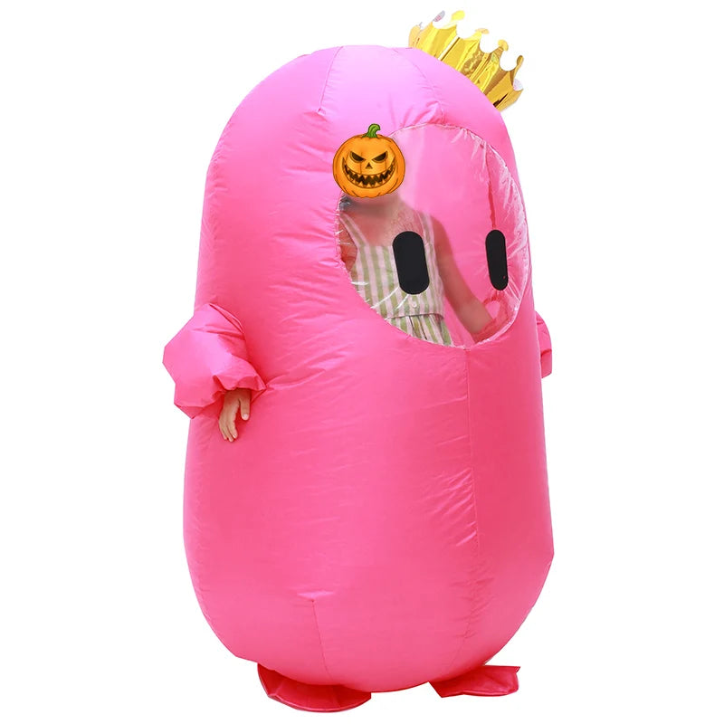 Pink Fall Guys inflatable costume with crown and pumpkin face for fun dress-up events
