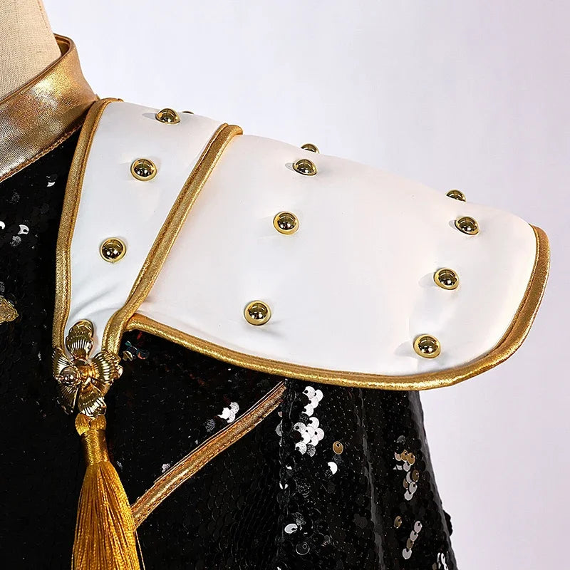 Close-up of KPop demon hunter cosplay costume for girls featuring decorative shoulder pads and gold accents