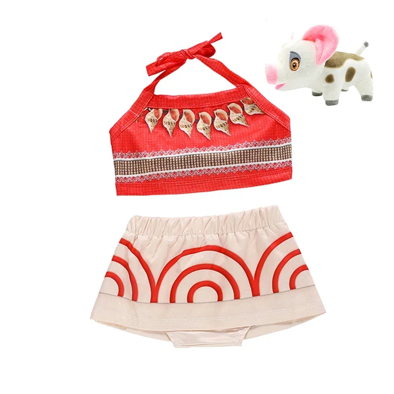 Moana costume for little girls featuring a red top with decorative details and a matching skirt