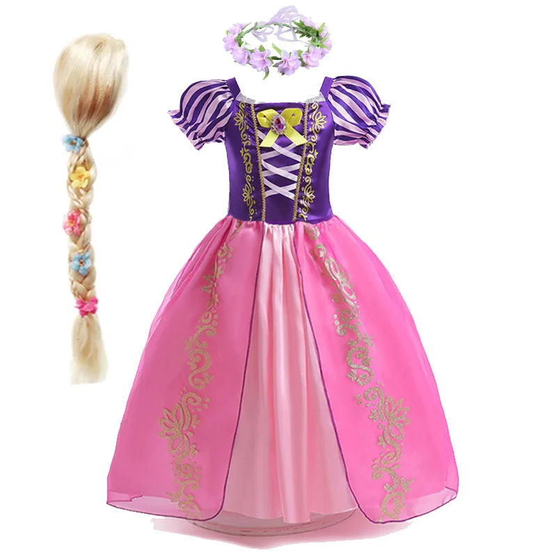Disney Rapunzel Costume Dress in Pink and Purple with Floral Accents and Long Blonde Hairpiece