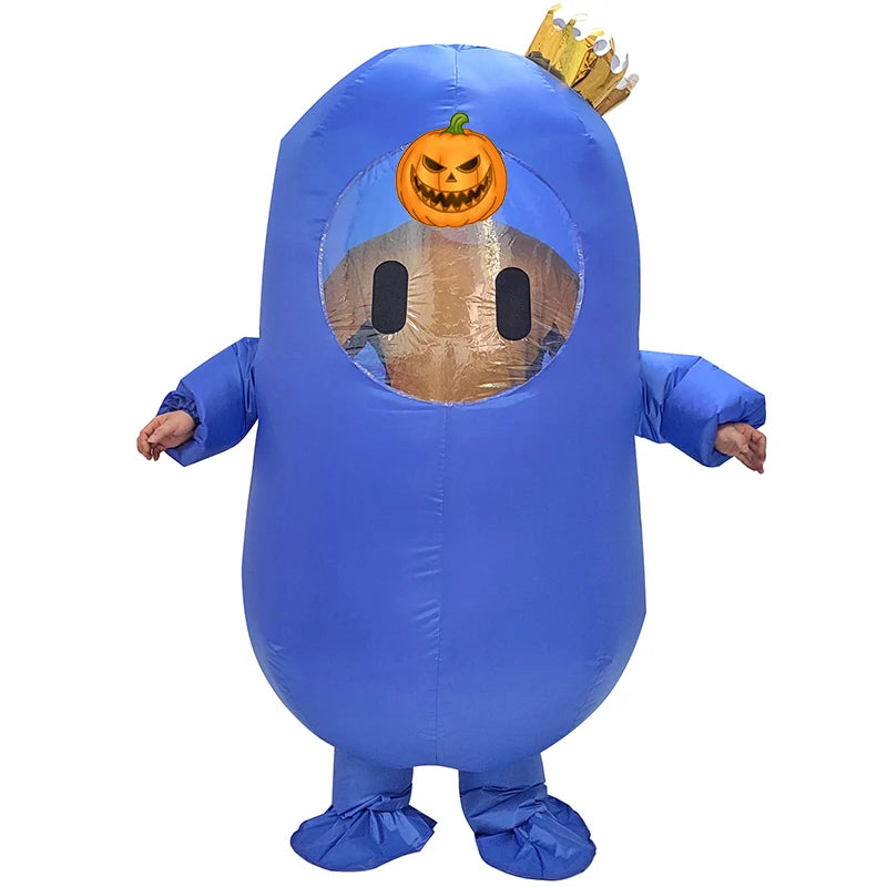 Blue Fall Guys inflatable costume with a playful pumpkin face and crown for fun events