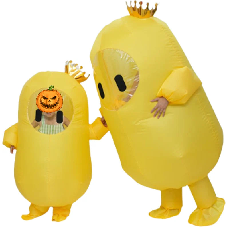 Two people wearing a Fall Guys inflatable costume, one larger and one smaller, in bright yellow color.