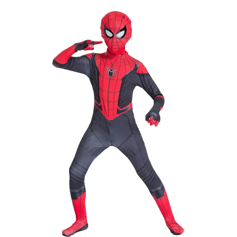 Spiderman superhero halloween costume for kids with mask and vibrant red and black design