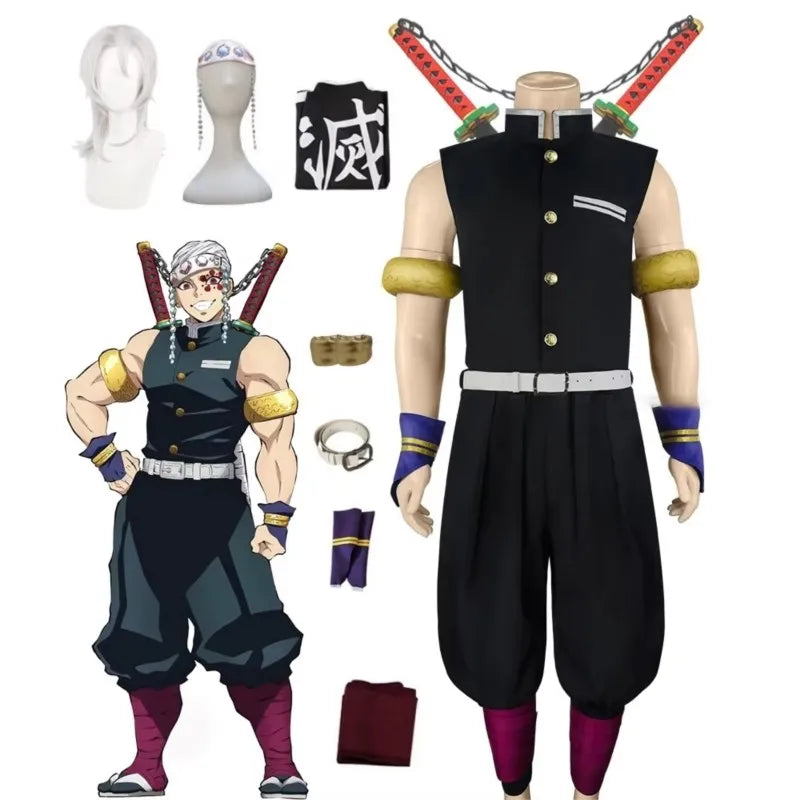Demon Slayer Uzui Tengen wig and uniform set featuring detailed cosplay attire and accessories