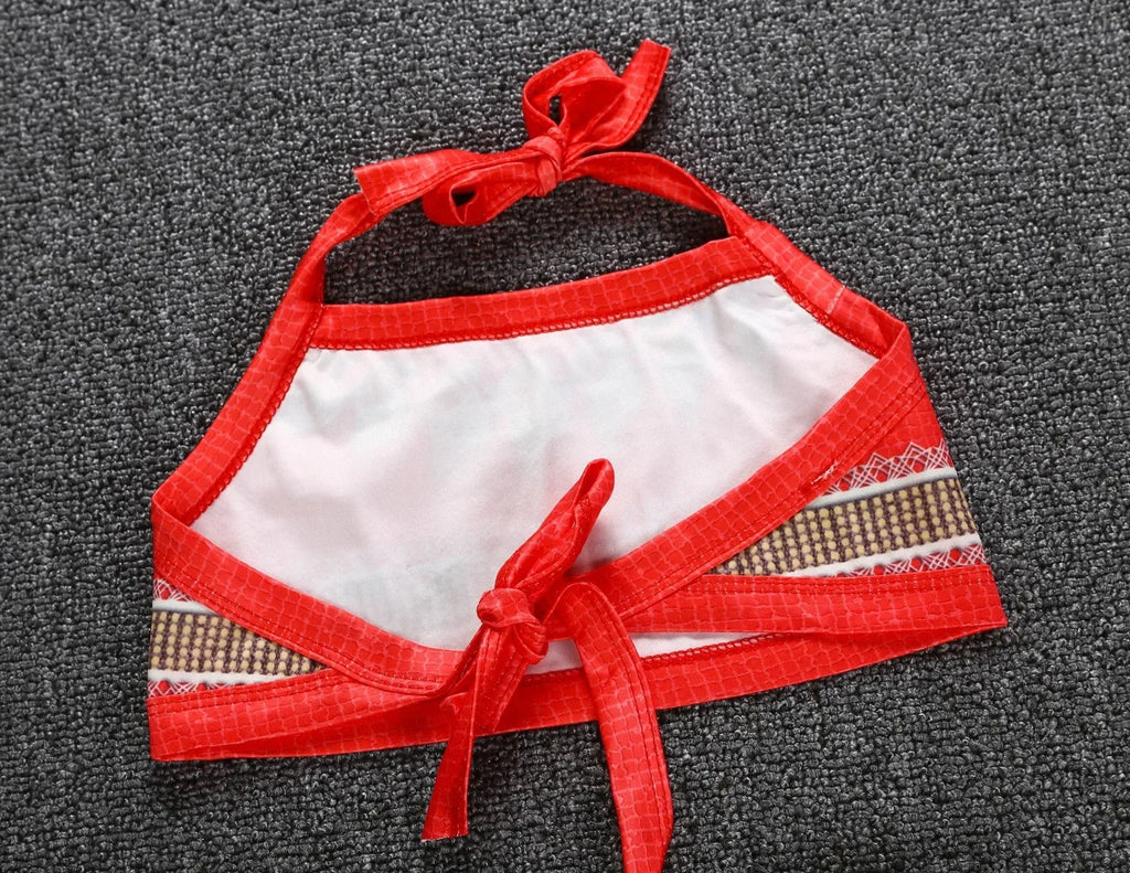 Red and white Moana costume for little girls featuring adjustable ties and tribal print details