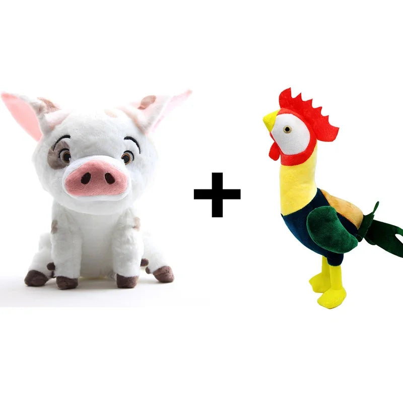 Moana costume for little girls with matching plush pig and colorful rooster toys