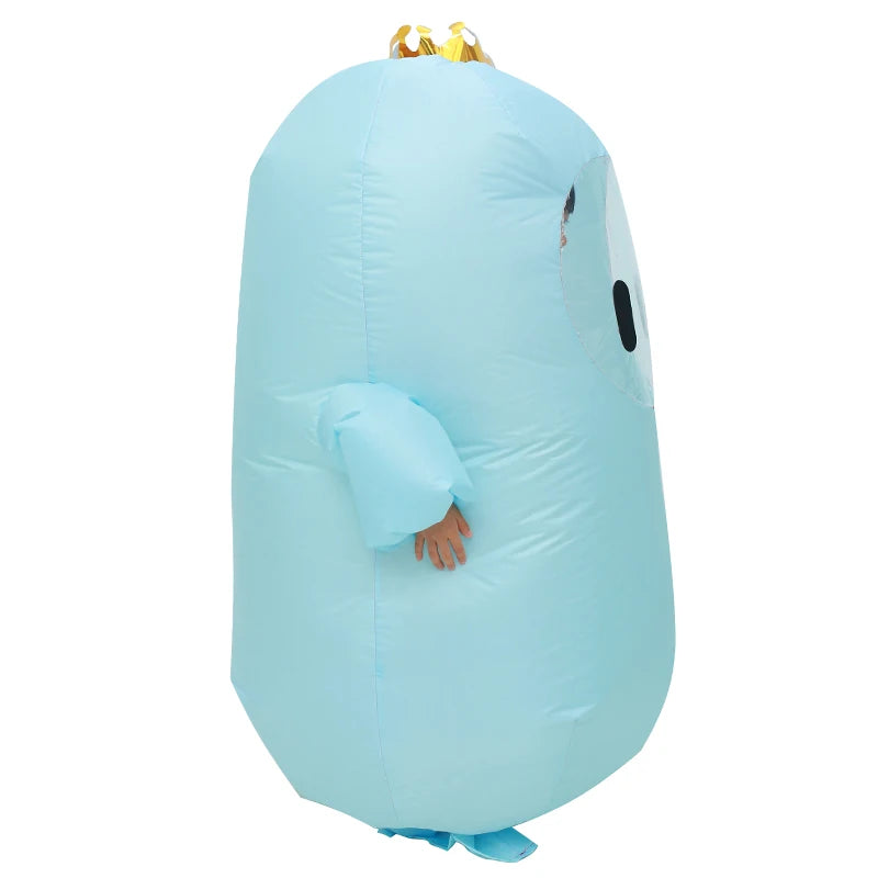 Child wearing a Fall Guys inflatable costume in light blue with a playful design